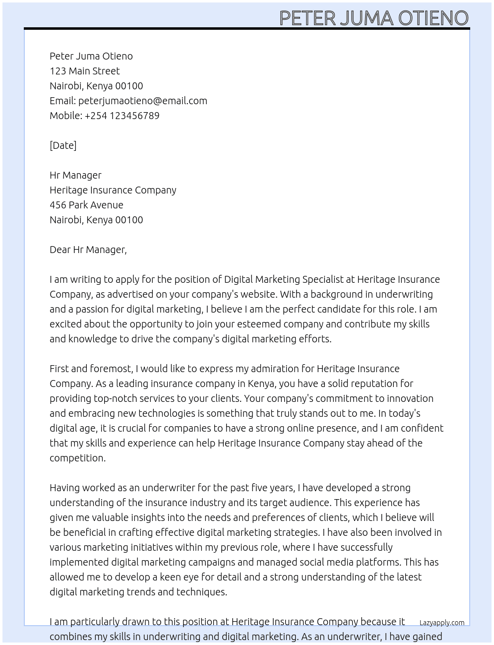 Digital Marketing Specialist At Heritage Insurance Company  Cover Letter