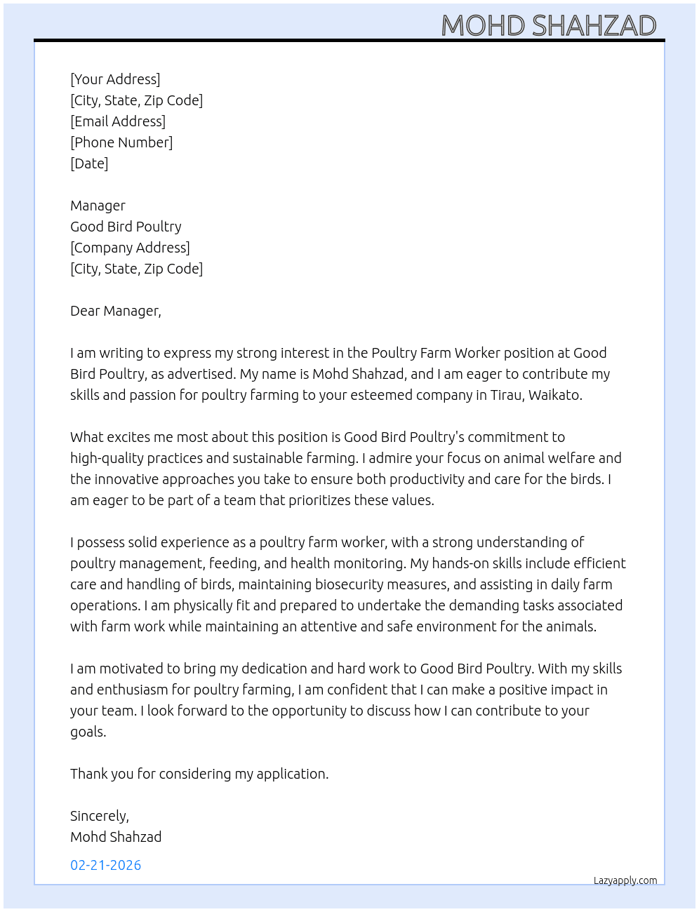 Cover letter for poultry farm worker - LazyApply