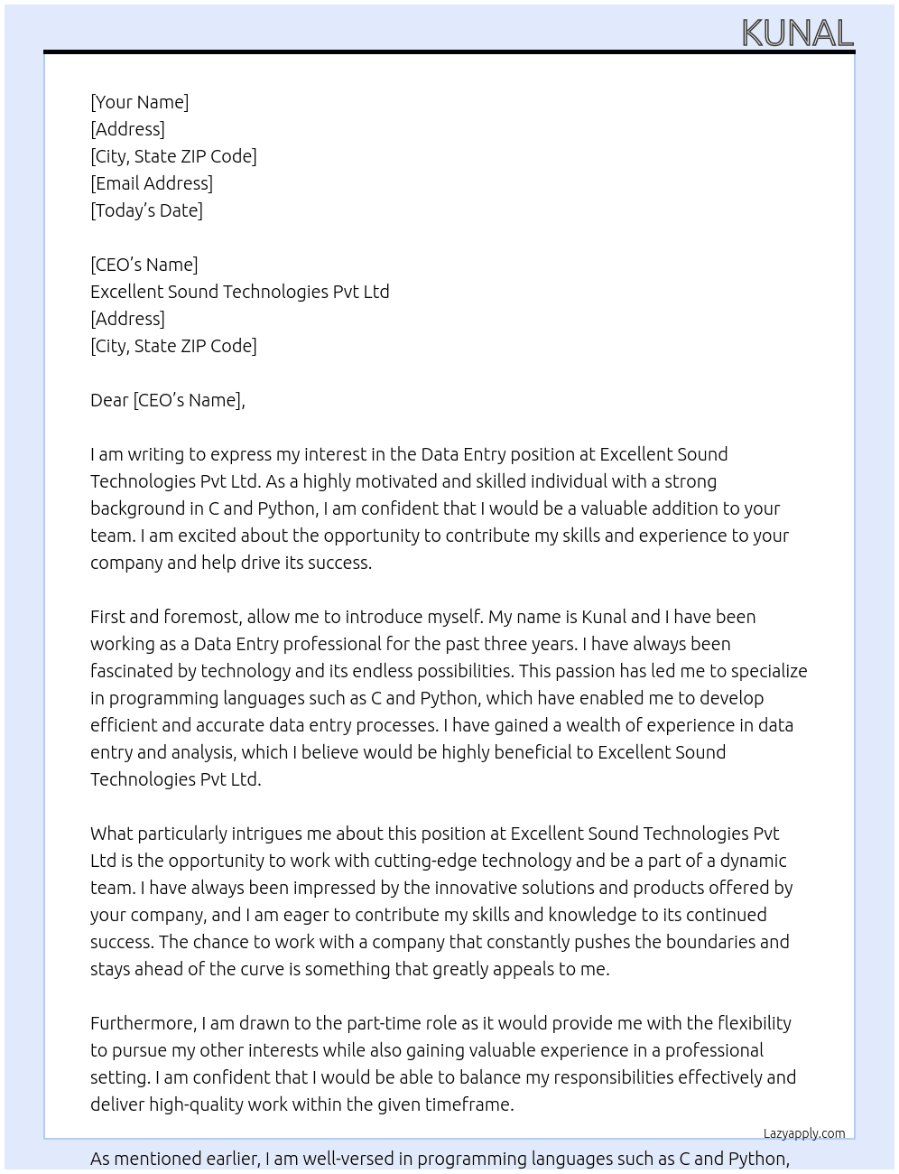 Data entry At Excellent sound technologies pvt ltd Cover Letter