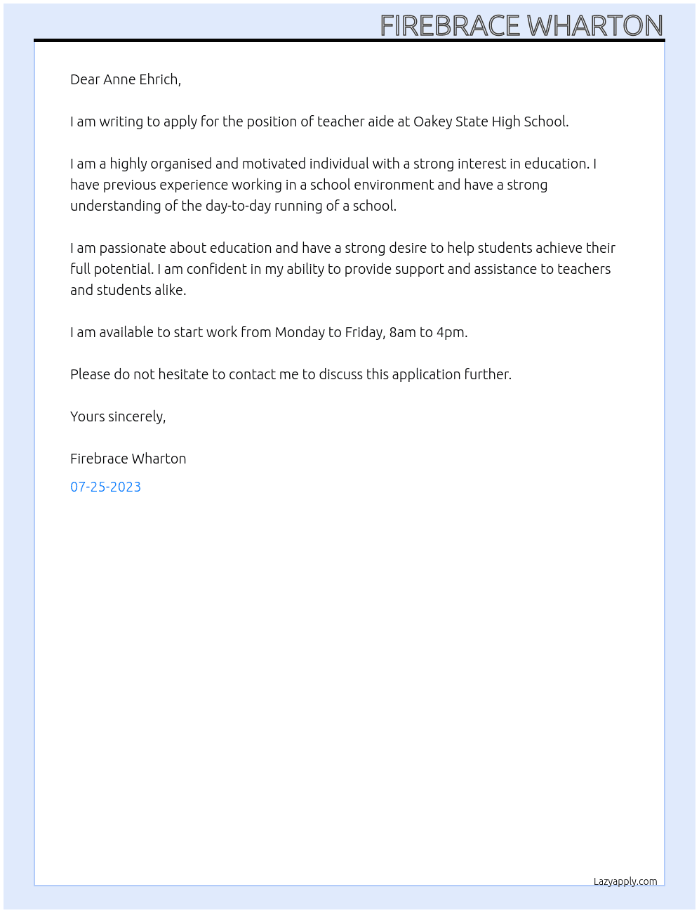Teacher aide At Oakey State High School  Cover Letter