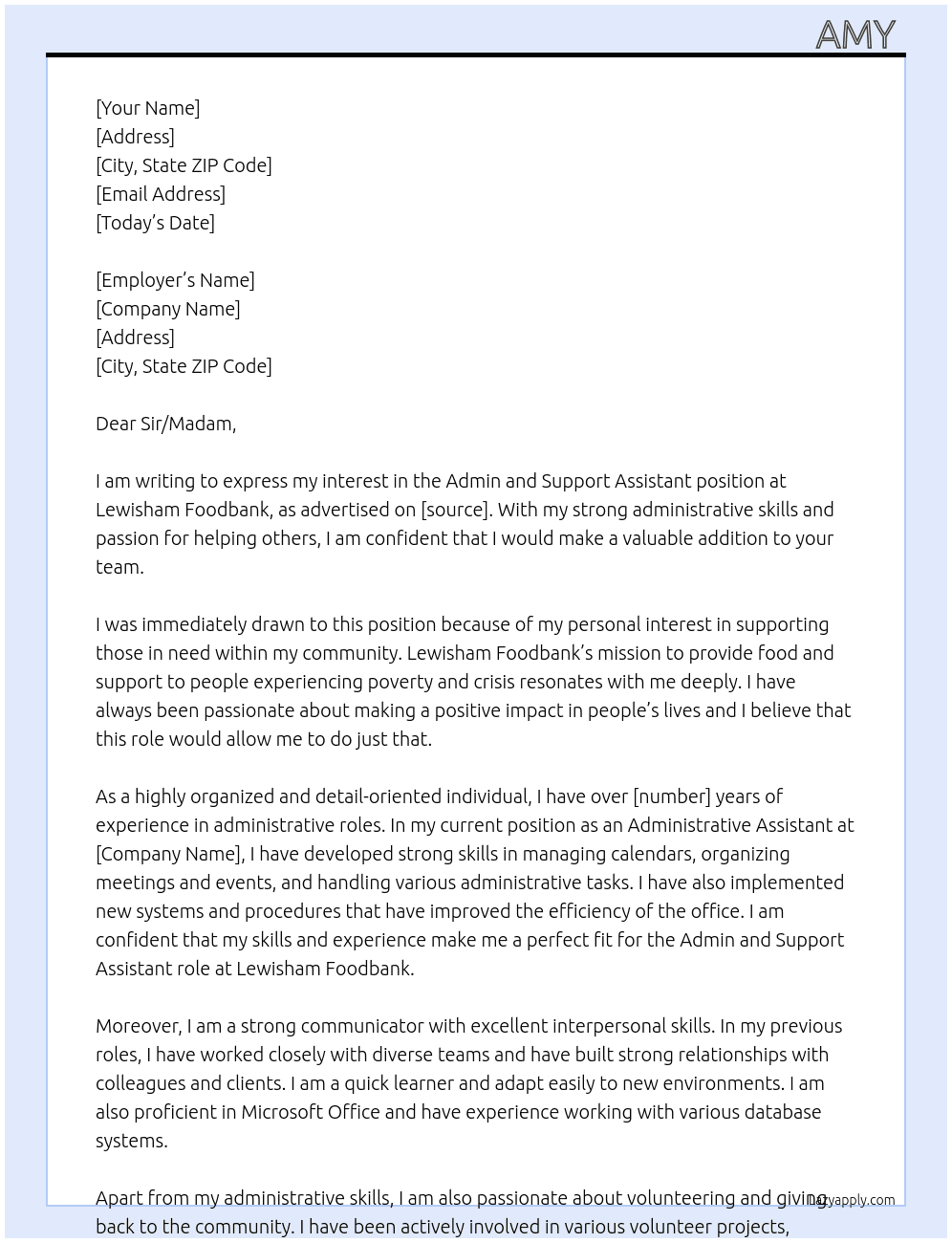 Admin and Support Assistant  At Lewisham Foodbank Cover Letter