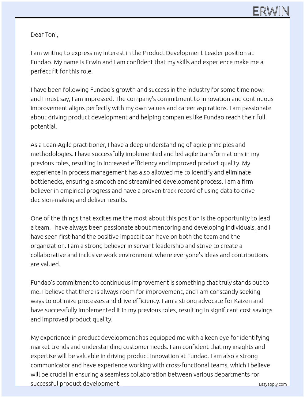 Product development leader At Fundao Cover Letter