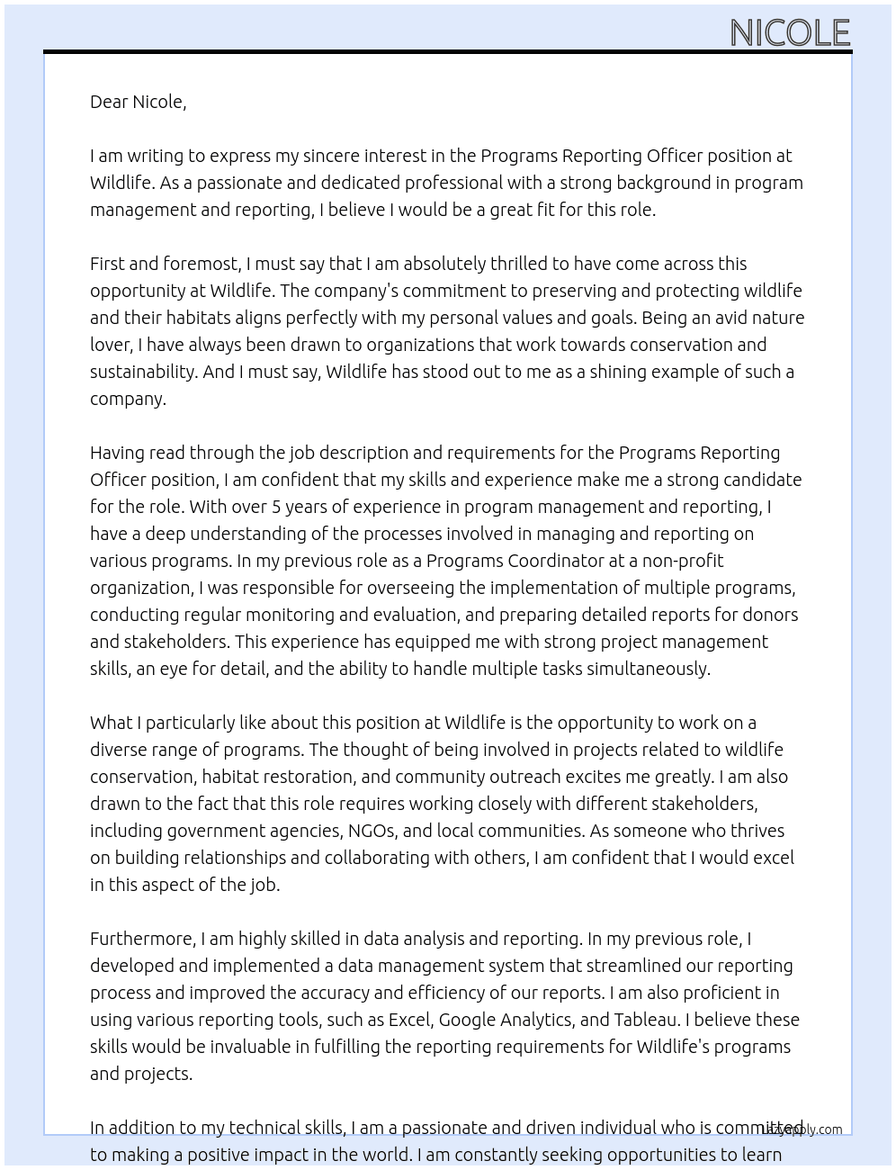 Programs Reporting Officer At Wildlife Cover Letter