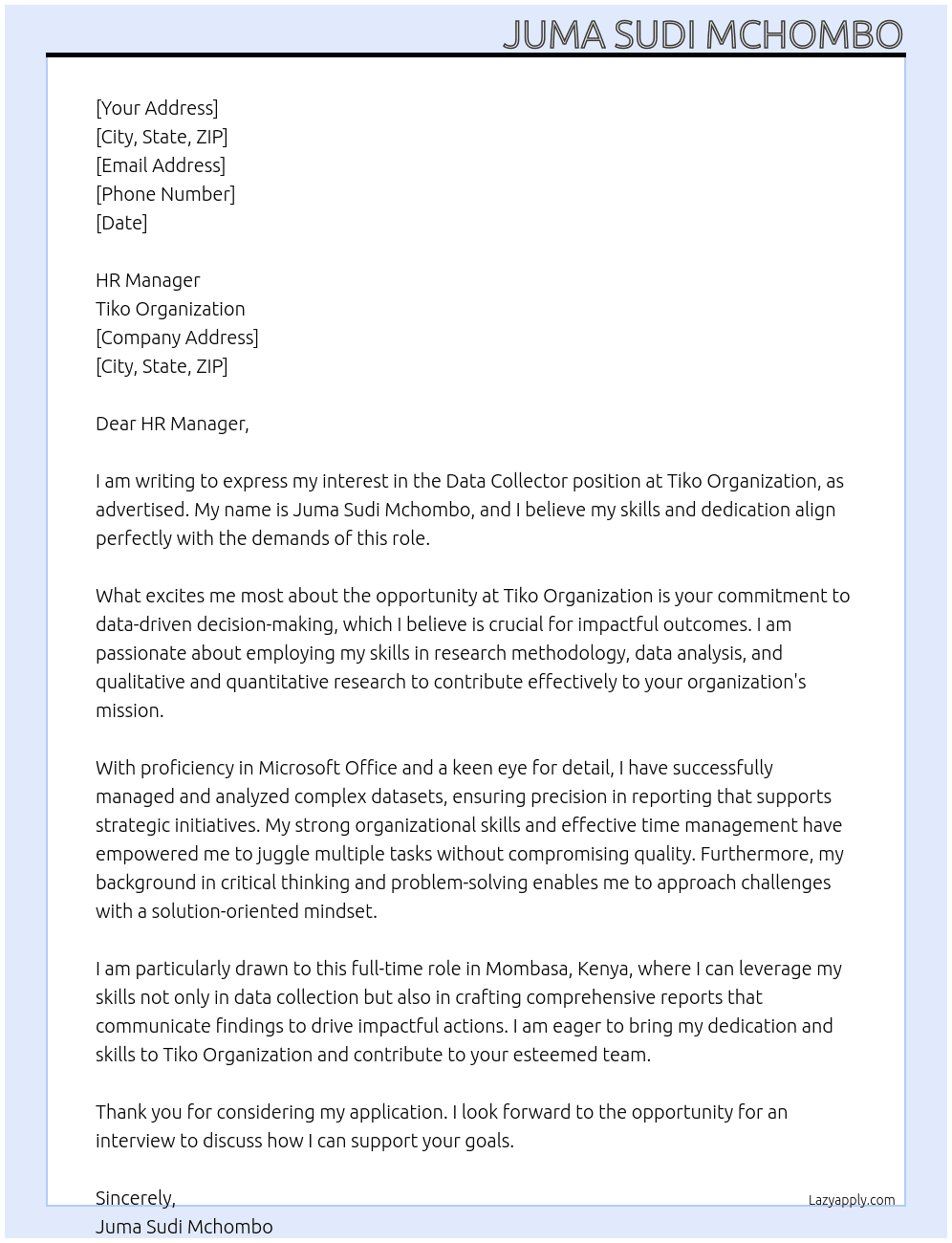 Data collector At Tiko Organization Cover Letter