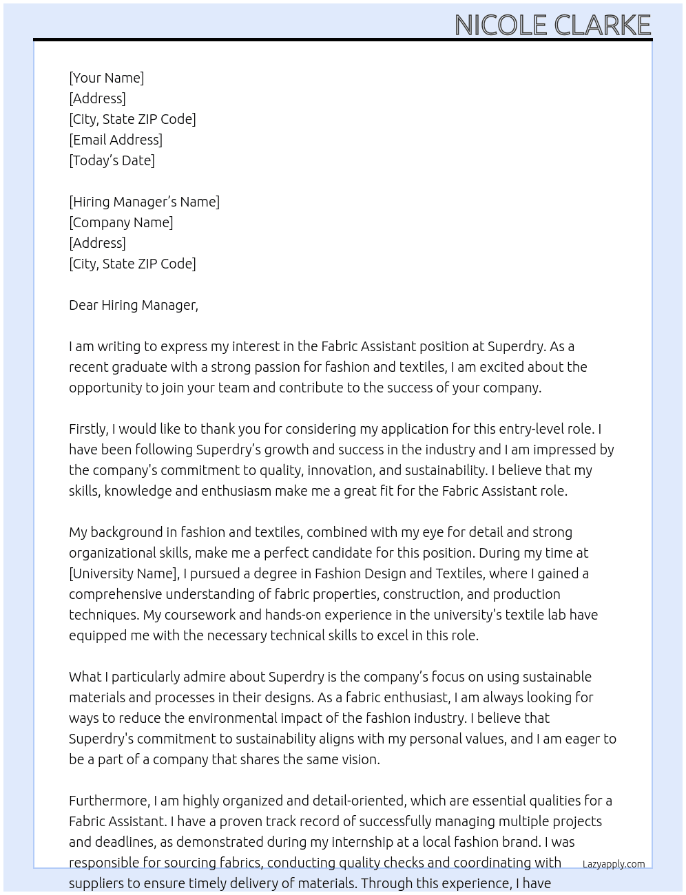 Fabric Assistant  At Superdry   Cover Letter