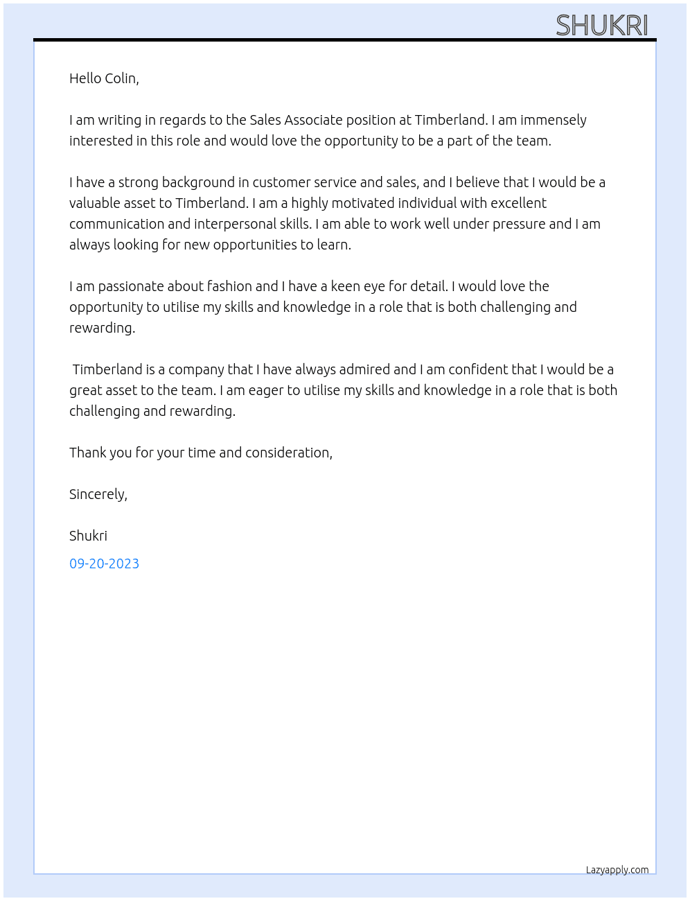 Sale’s associate At Timberland Cover Letter