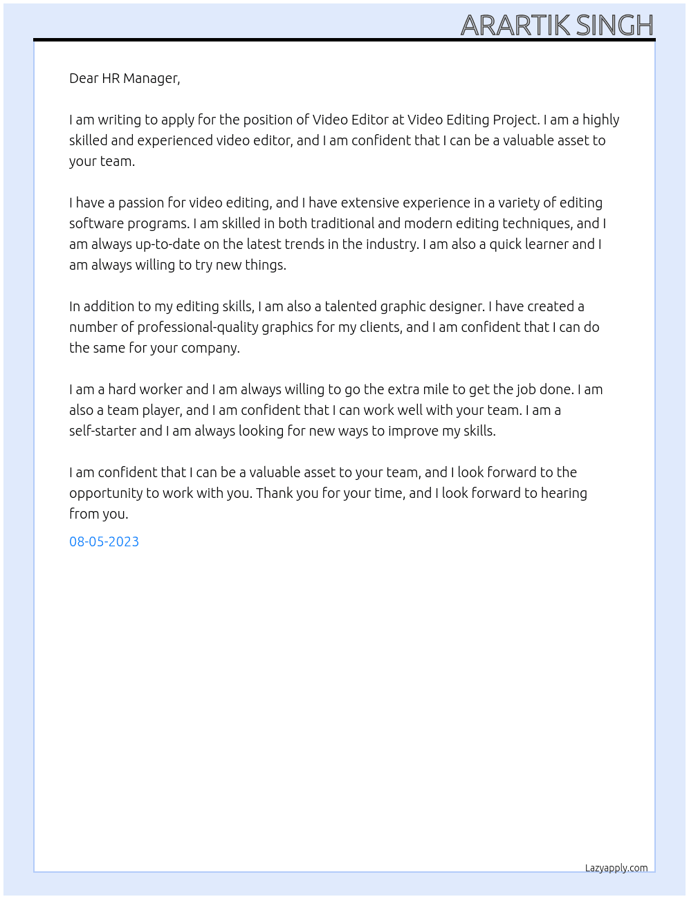 Video Editor At Video Editing Project Cover Letter