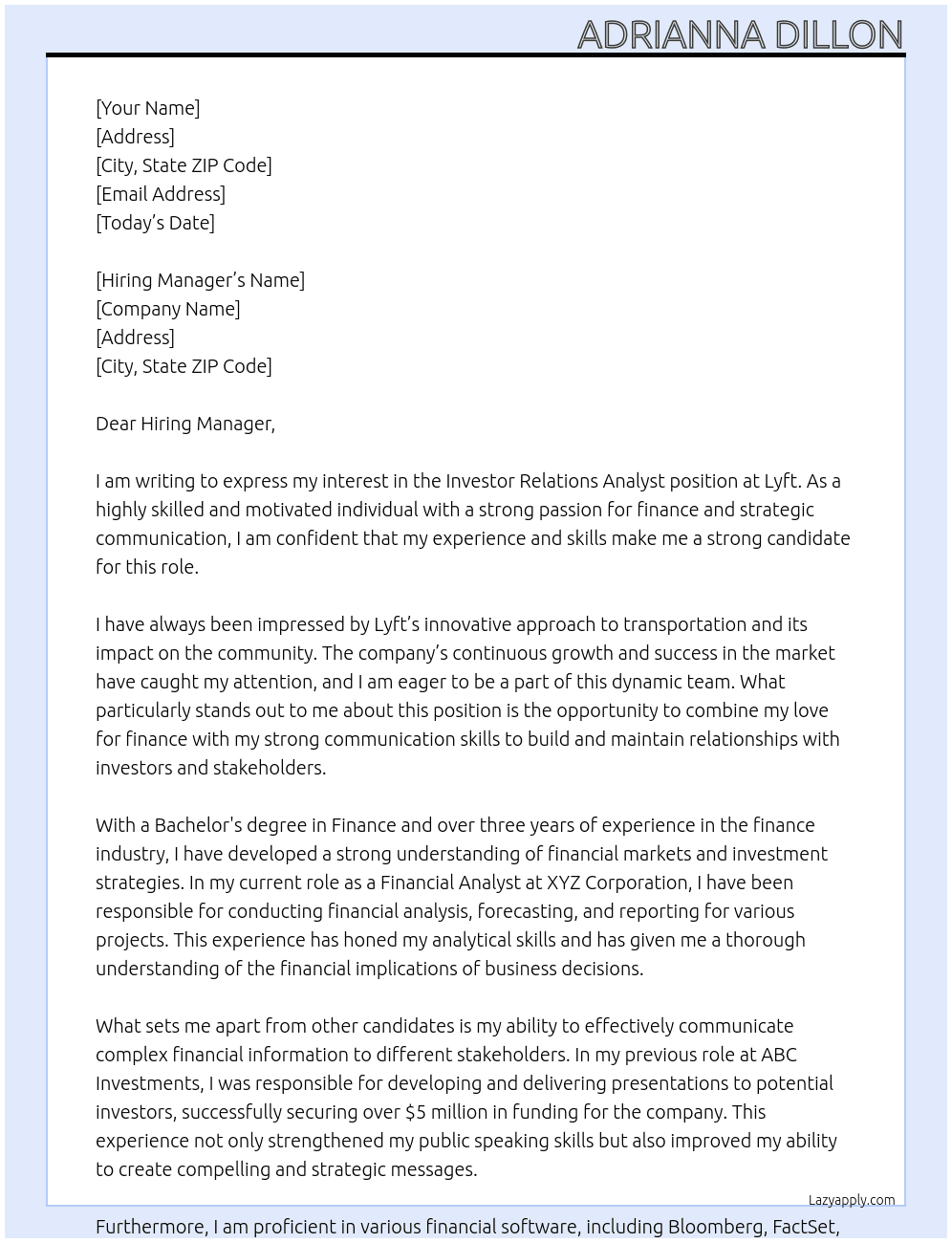 Investor Relations Analyst At Lyft Cover Letter
