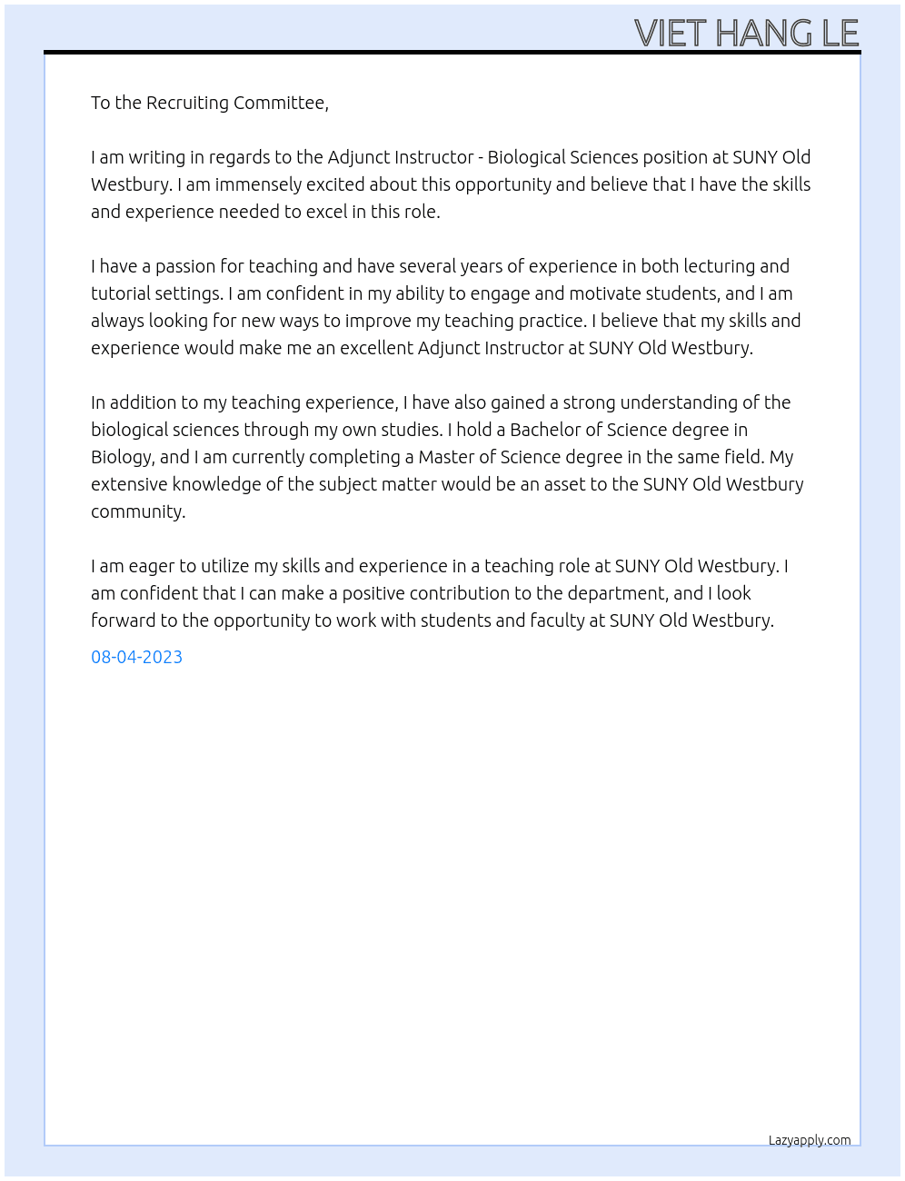 Adjunct Instructor - Biological Sciences At SUNY Old Westbury Cover Letter