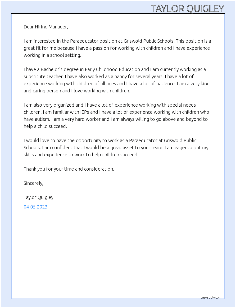 Paraeducator At Griswold Public Schools Cover Letter
