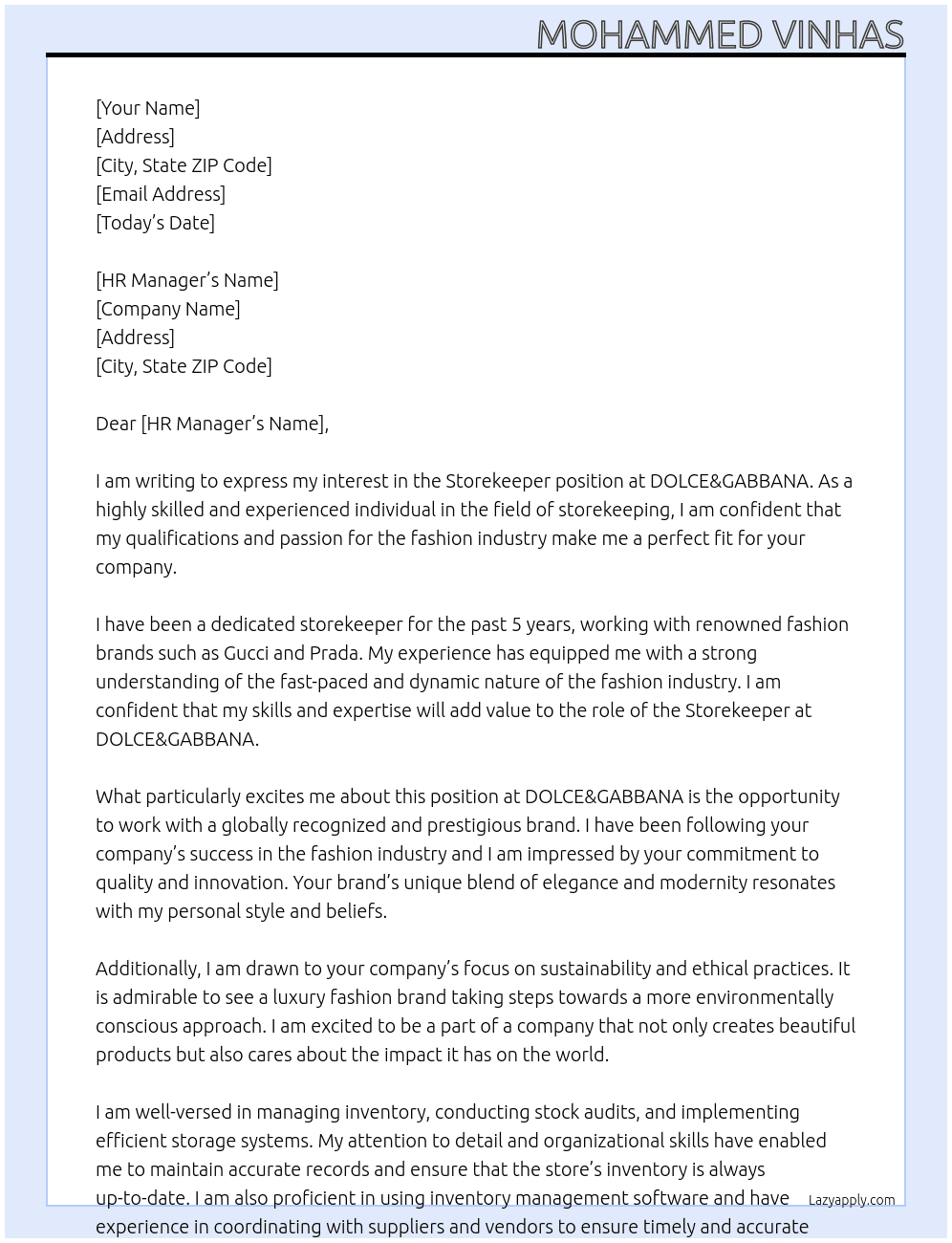 Storekeeper At DOLCE&GABBANA Cover Letter
