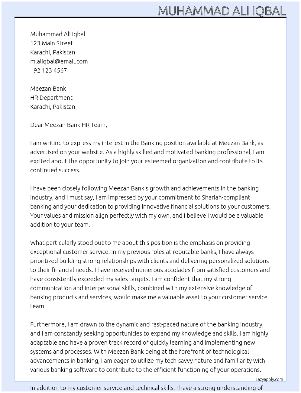 Banking At Meezan Bank Cover Letter