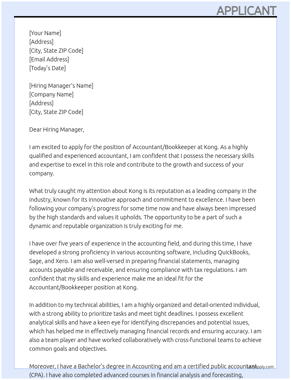 Accountant/Bookkeeper At Kong Cover Letter
