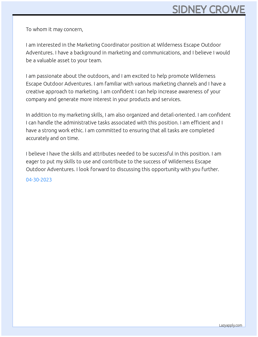 Marketing Coordinator At Wilderness Escape Outdoor Adventures Cover Letter