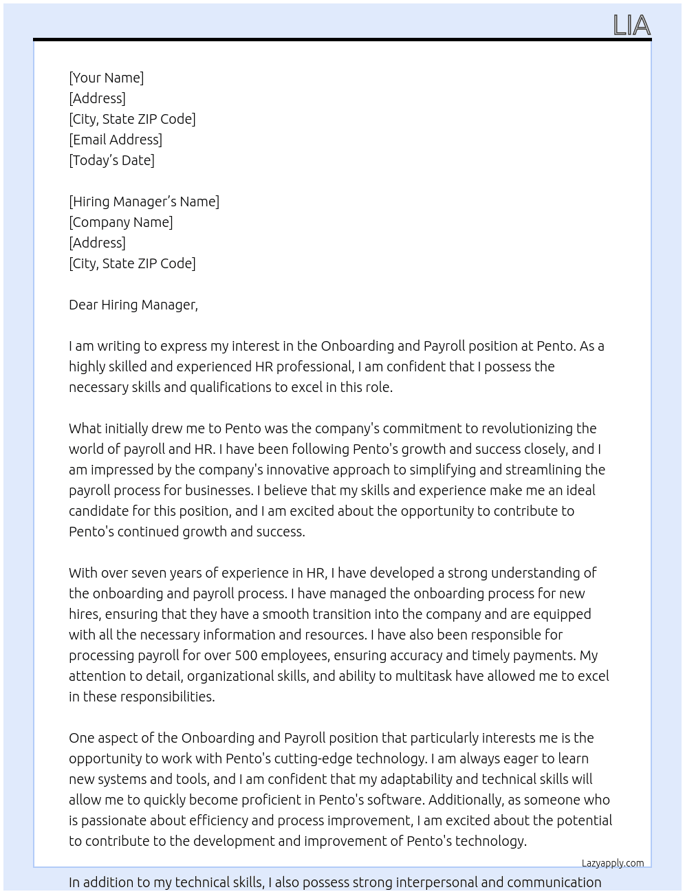 Onboarding and payroll  At Pento Cover Letter