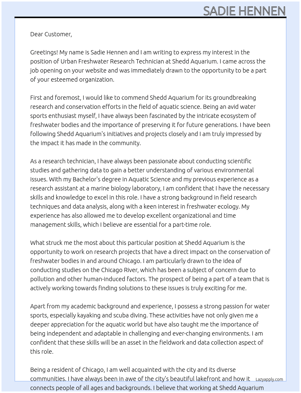 Urban Freshwater Research Technician At Shedd Aquarium  Cover Letter