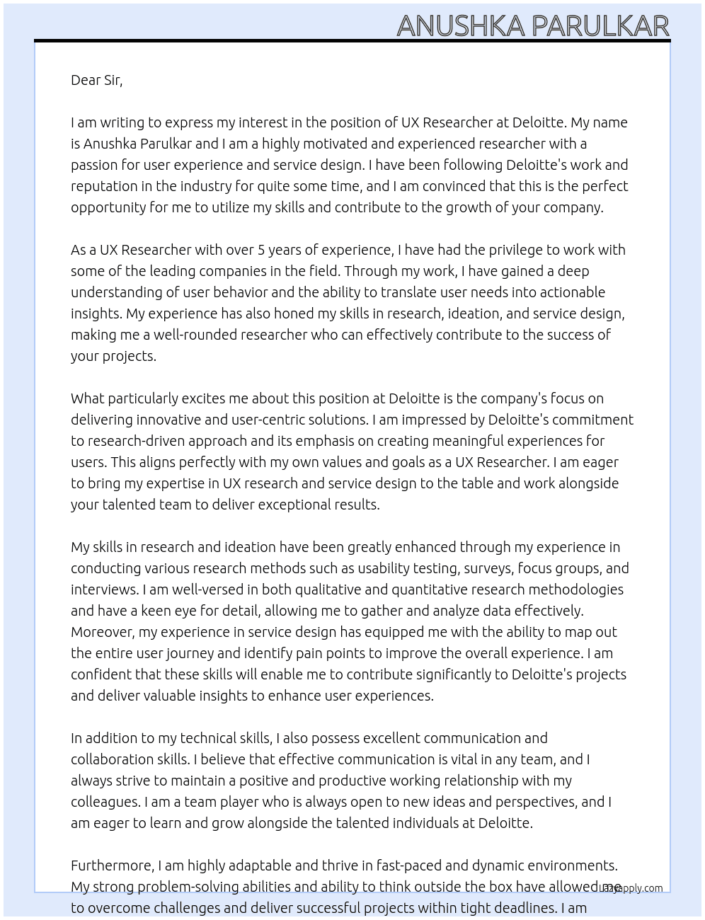 UX Researcher At deloitte Cover Letter