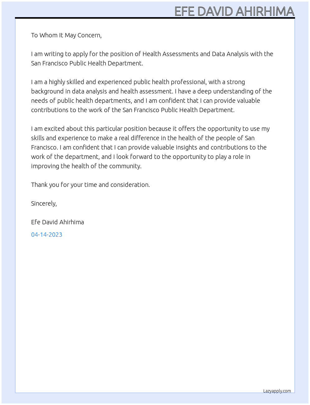 Health Assessments and Data Analysis At San francisco public health department Cover Letter