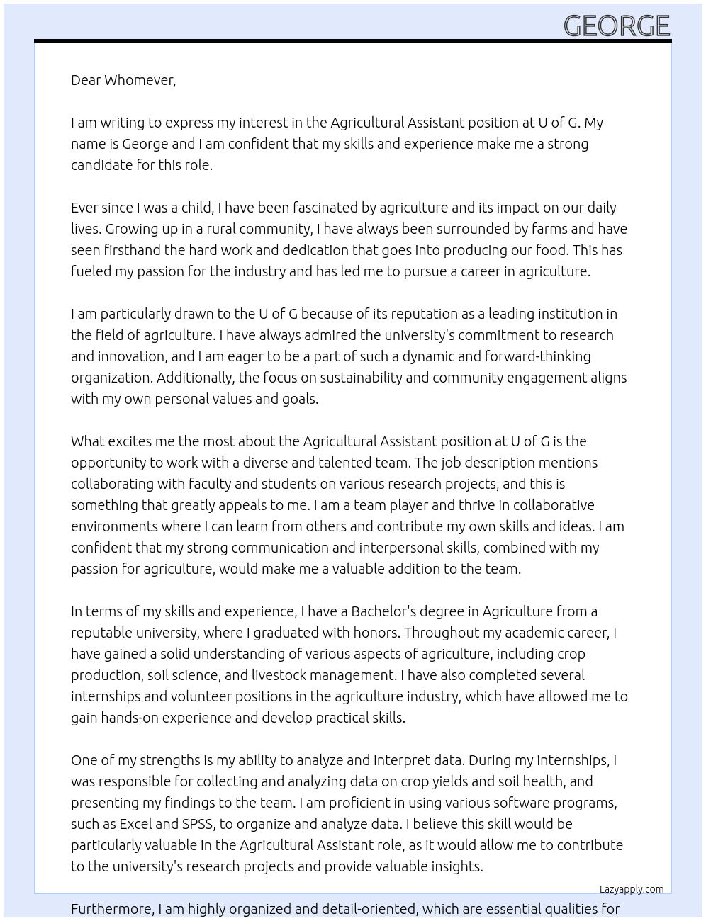 Cover letter for agricultural assistant - LazyApply