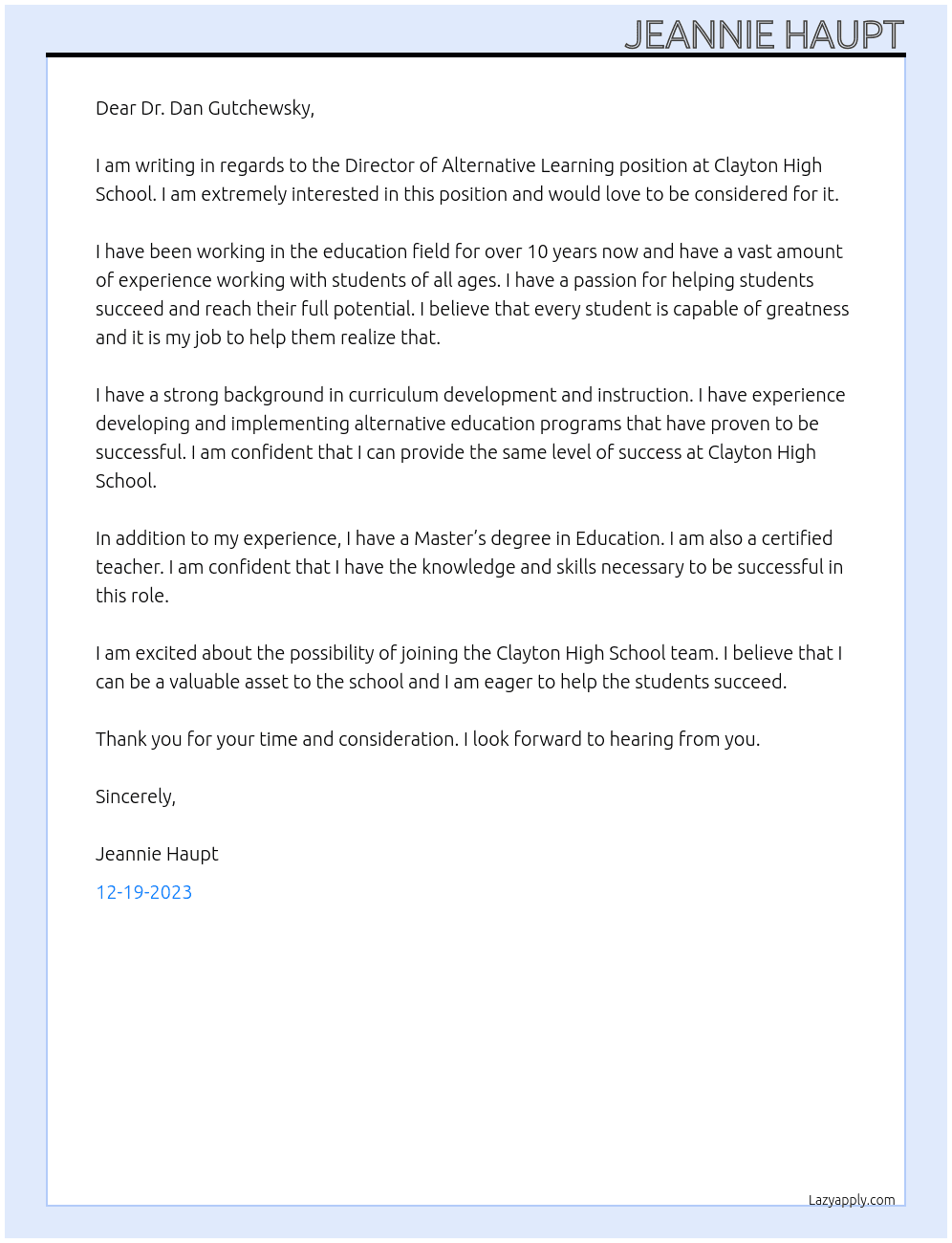 Director of Alternative Learning At Clayton High School Cover Letter