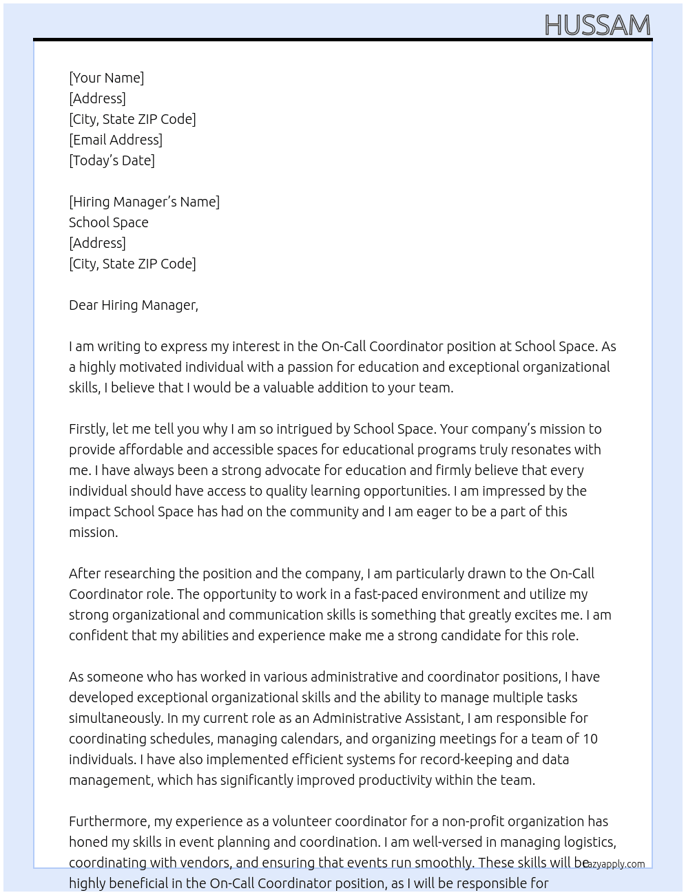on-call coordinator At School Space Cover Letter