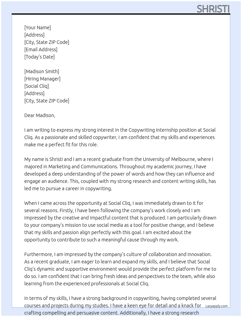 copywriting internship At Social cliq Cover Letter