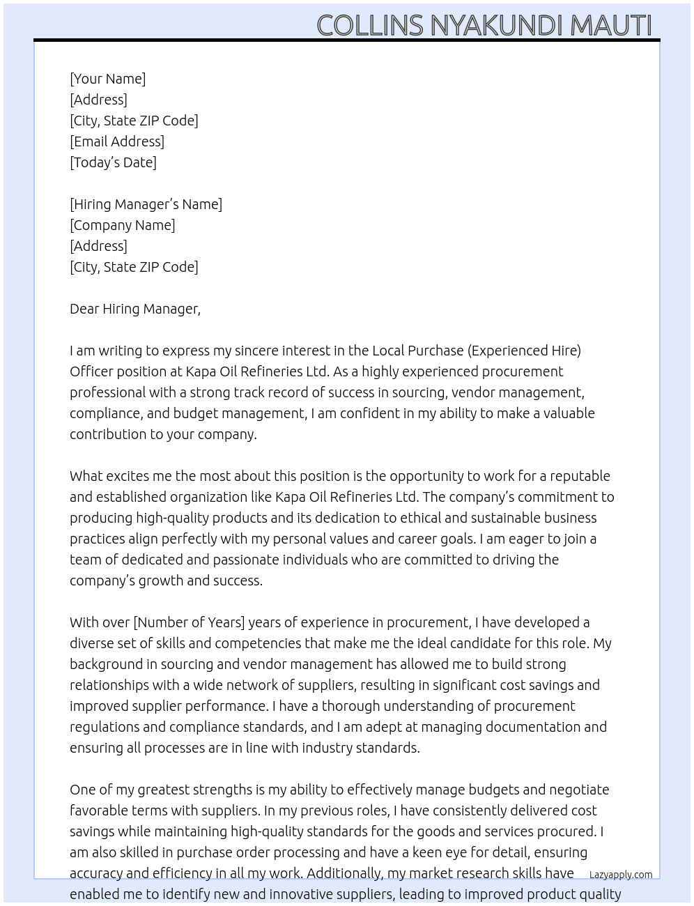 Local Purchase (Experienced Hire) Officer At Kapa Oil Refineries Ltd  Cover Letter