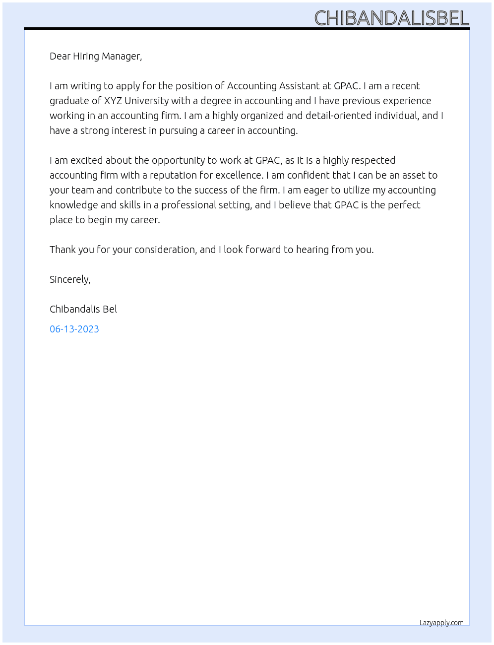 Accounting Assistant At GPAC Cover Letter