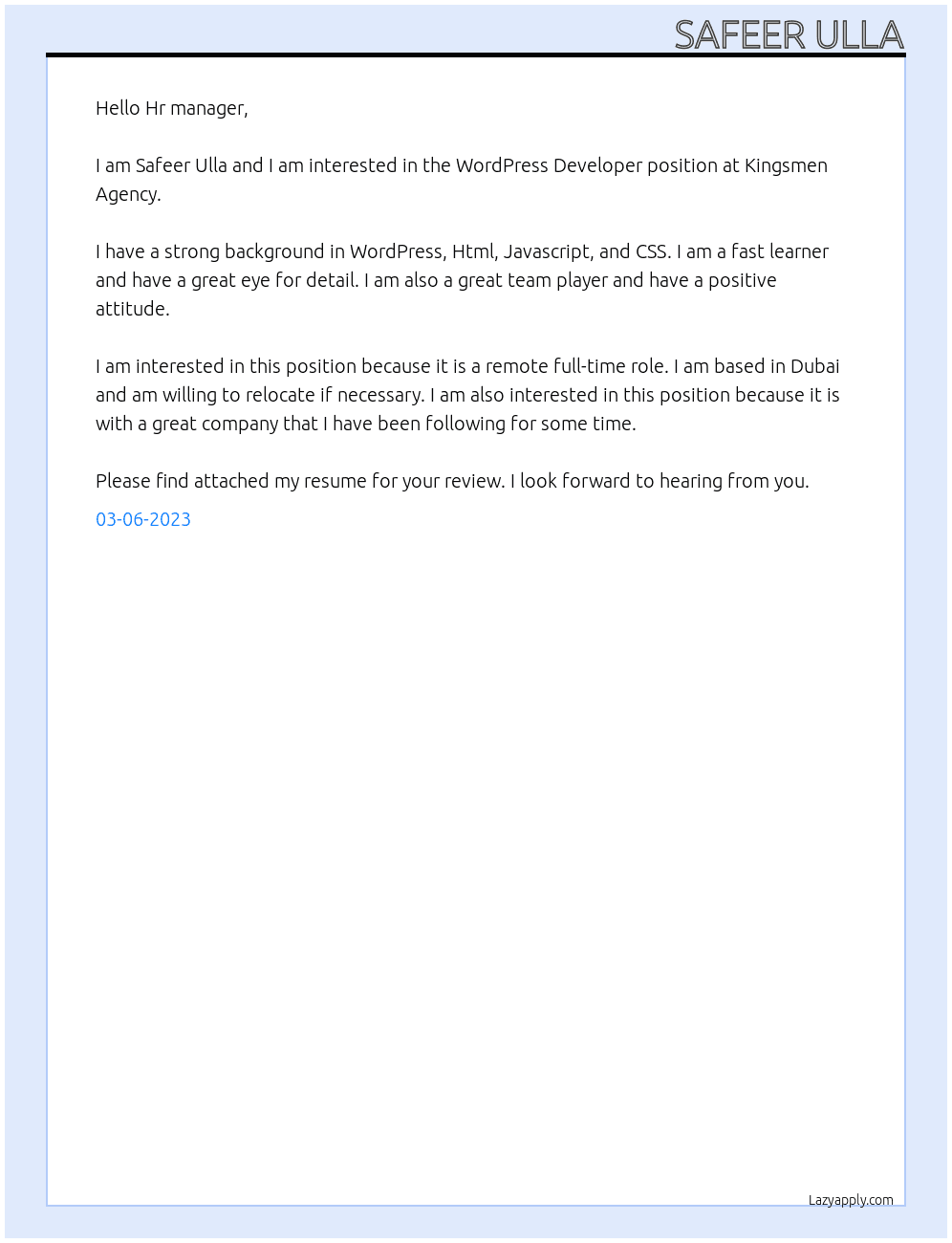 WordPress Developer  At Kingsmen Agency Cover Letter