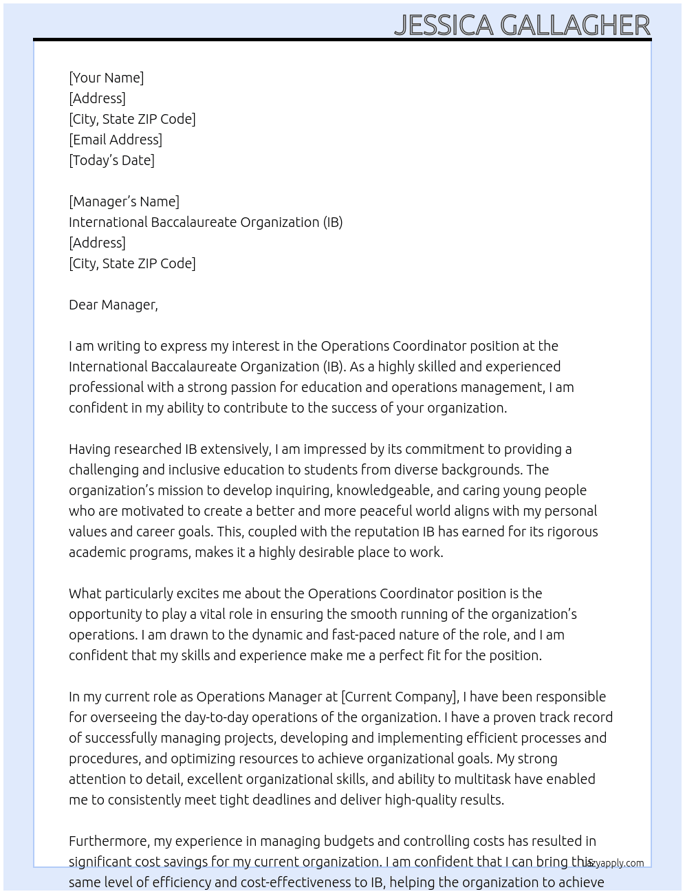 Operations Coordinator At International Baccalaureate Organization (IB) Cover Letter
