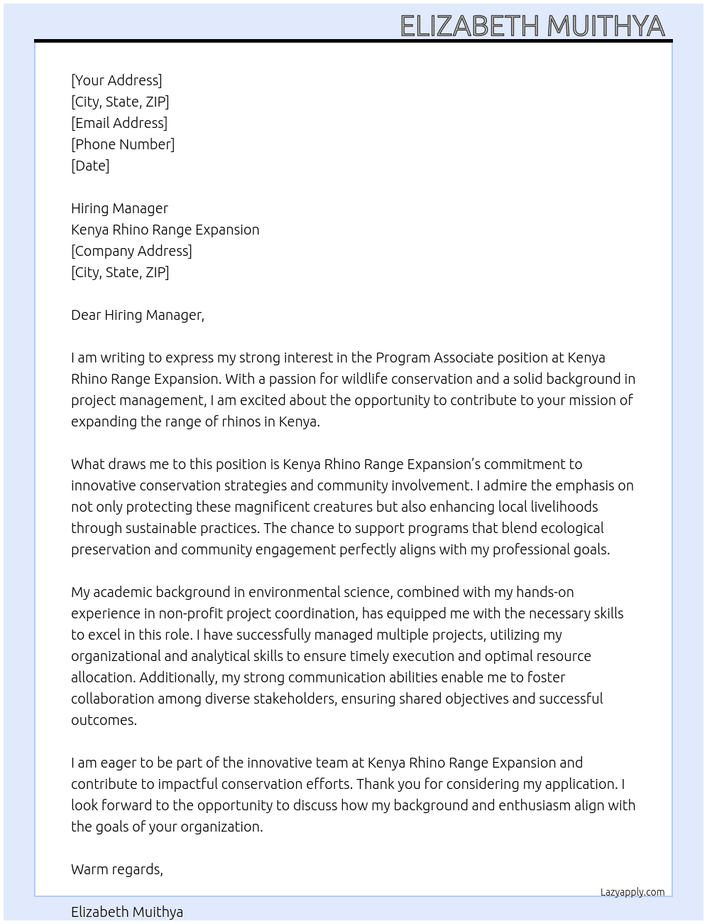Program Associate  At Kenya Rhino Range Expansion  Cover Letter
