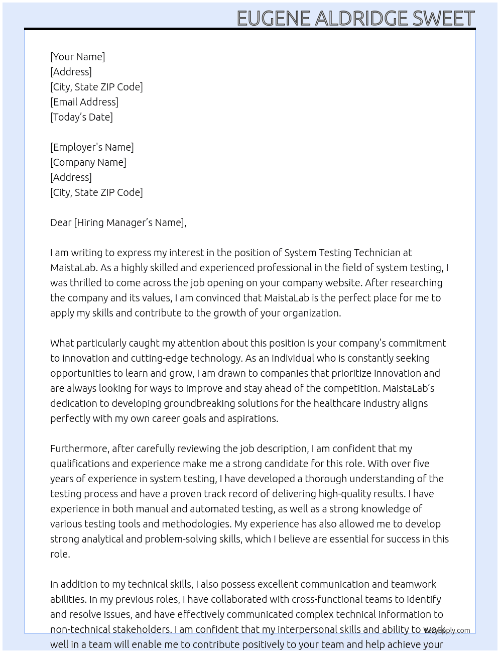System Testing Technician At MaistaLab Cover Letter