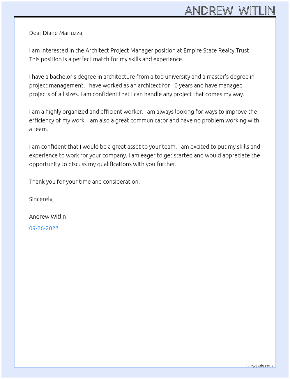 Architect Project Manager At Empire State Realty Trust Cover Letter