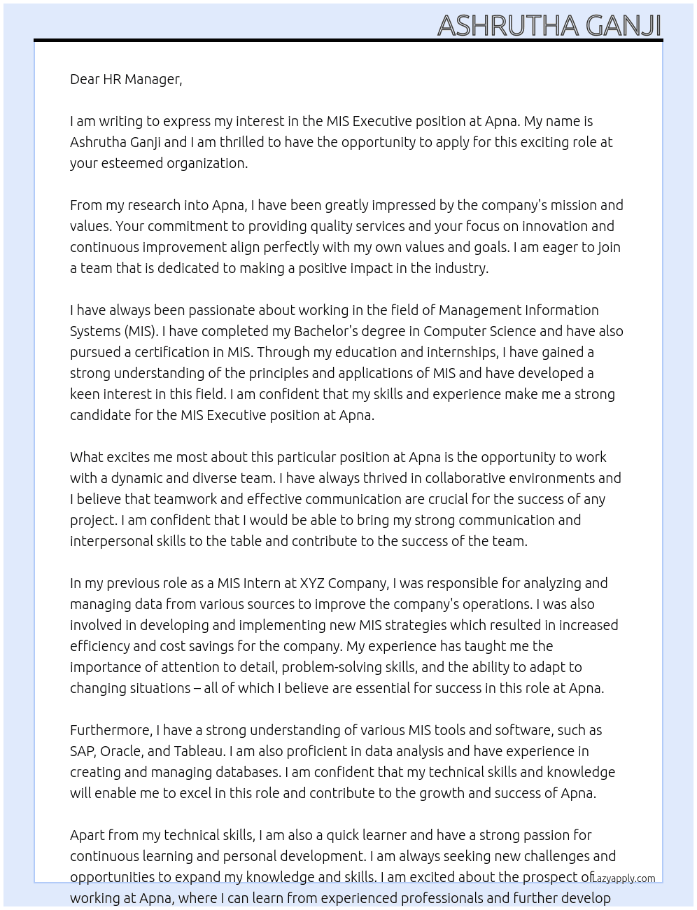 MIS Executive  At Apna Cover Letter