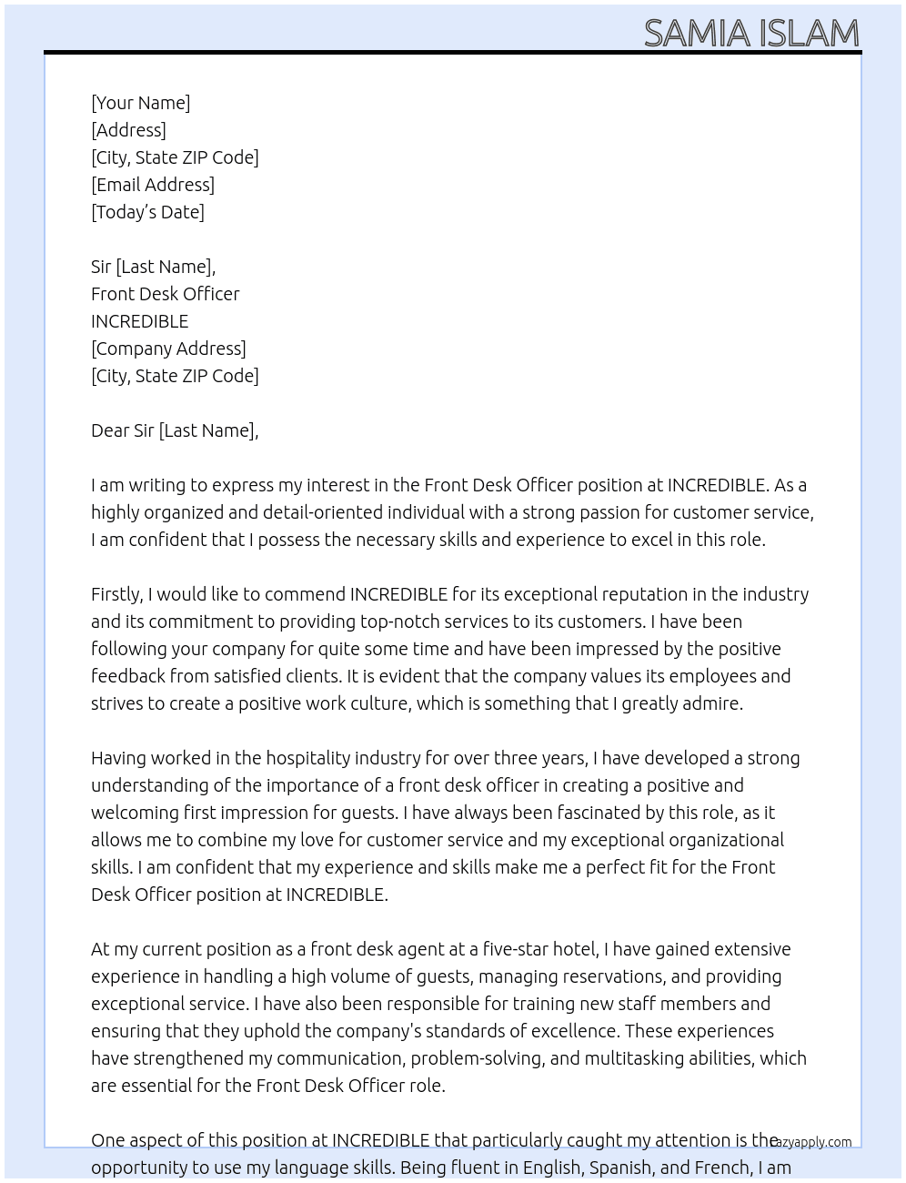 front desk officer At INCREDIBLE Cover Letter
