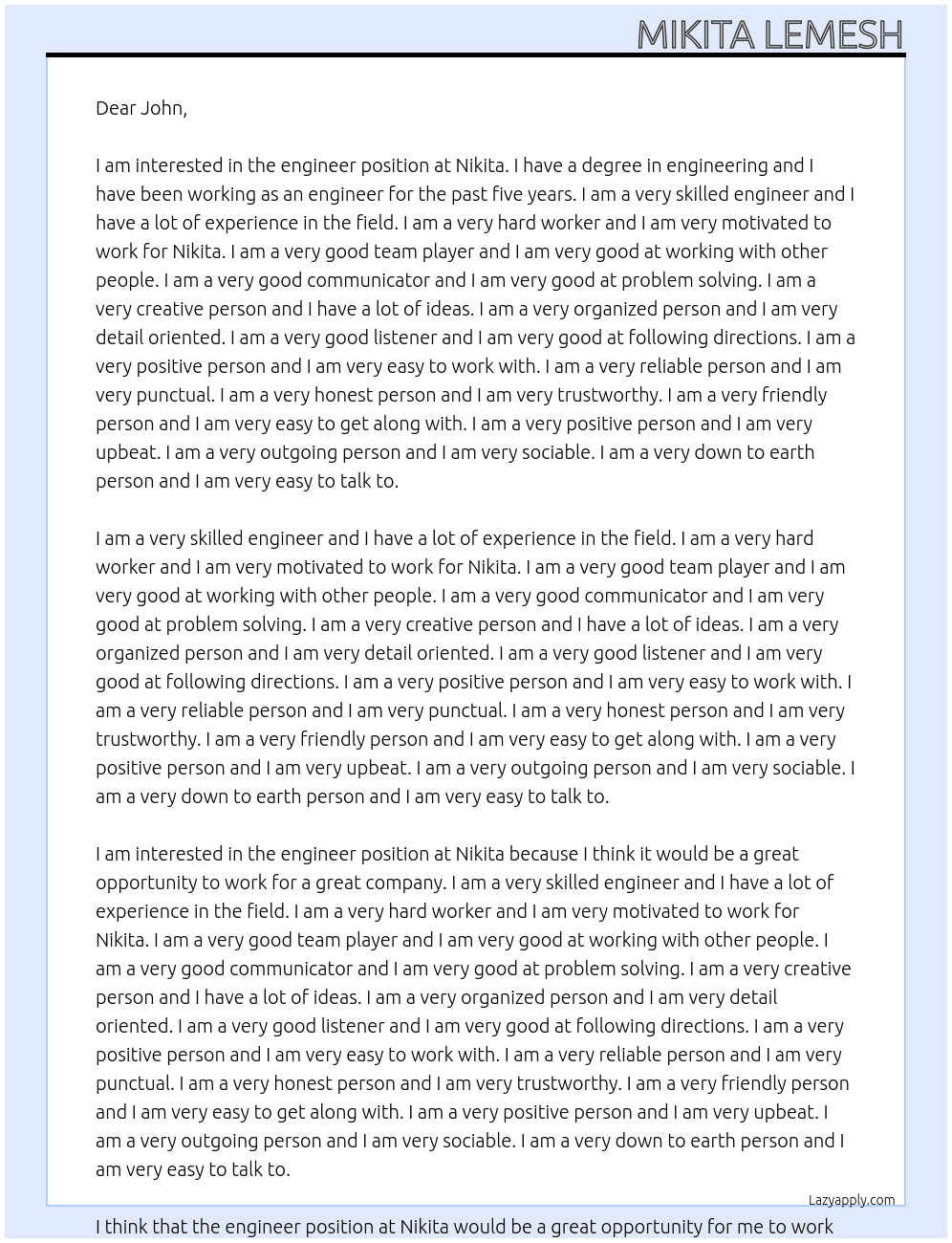  engineer At Nikita Cover Letter