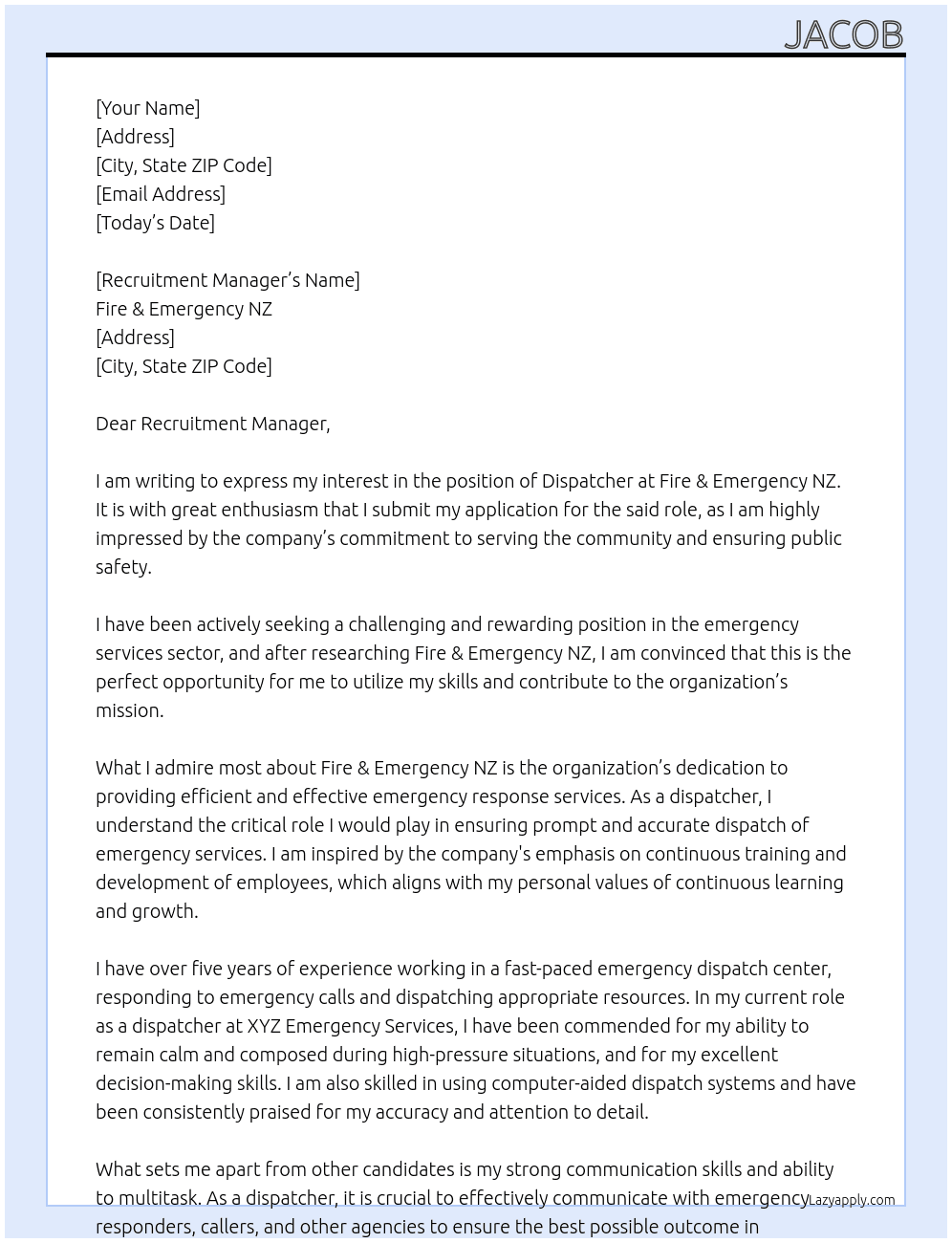 Dispatcher At Fire & Emergency NZ Cover Letter