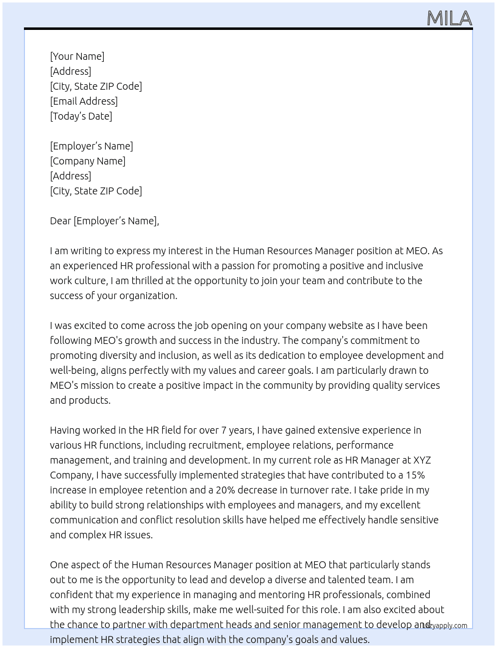 Human Resources manager At MEO Cover Letter