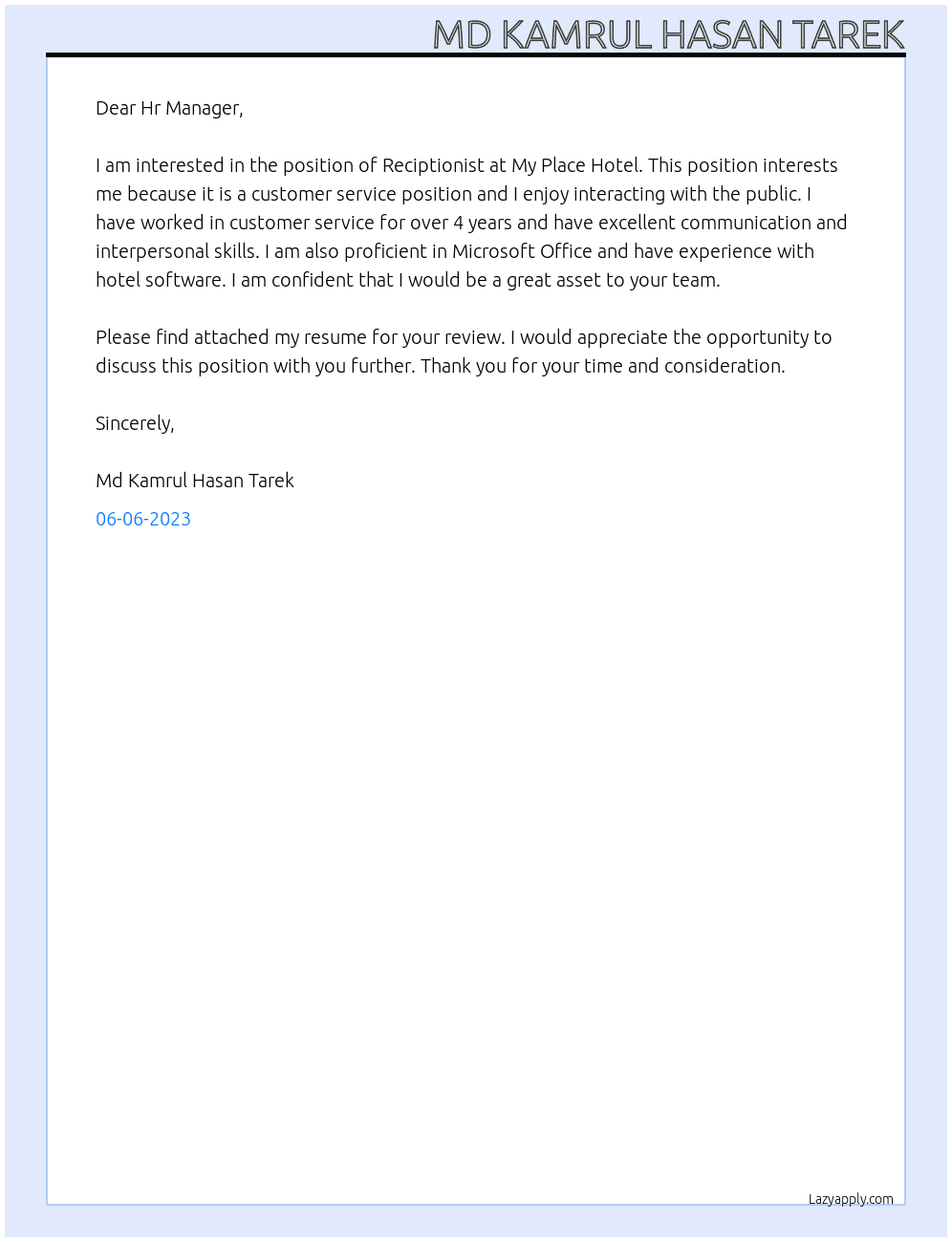 Reciptionist At My Place Hotel  Cover Letter