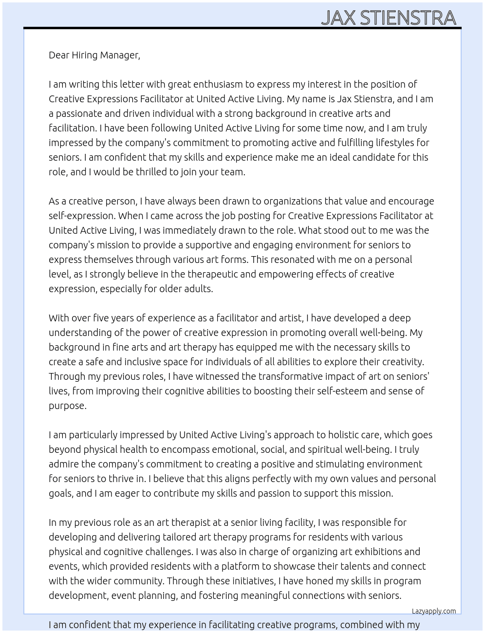 Creative Expressions Facilitator At United Active Living Cover Letter