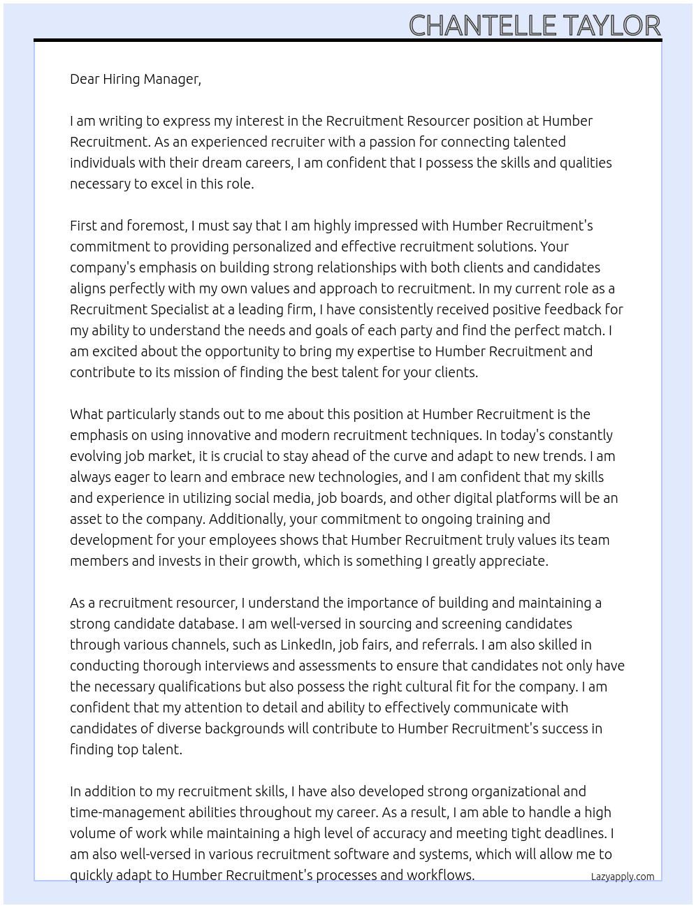 Recruitment Resourcer At Humber Recruitment Cover Letter