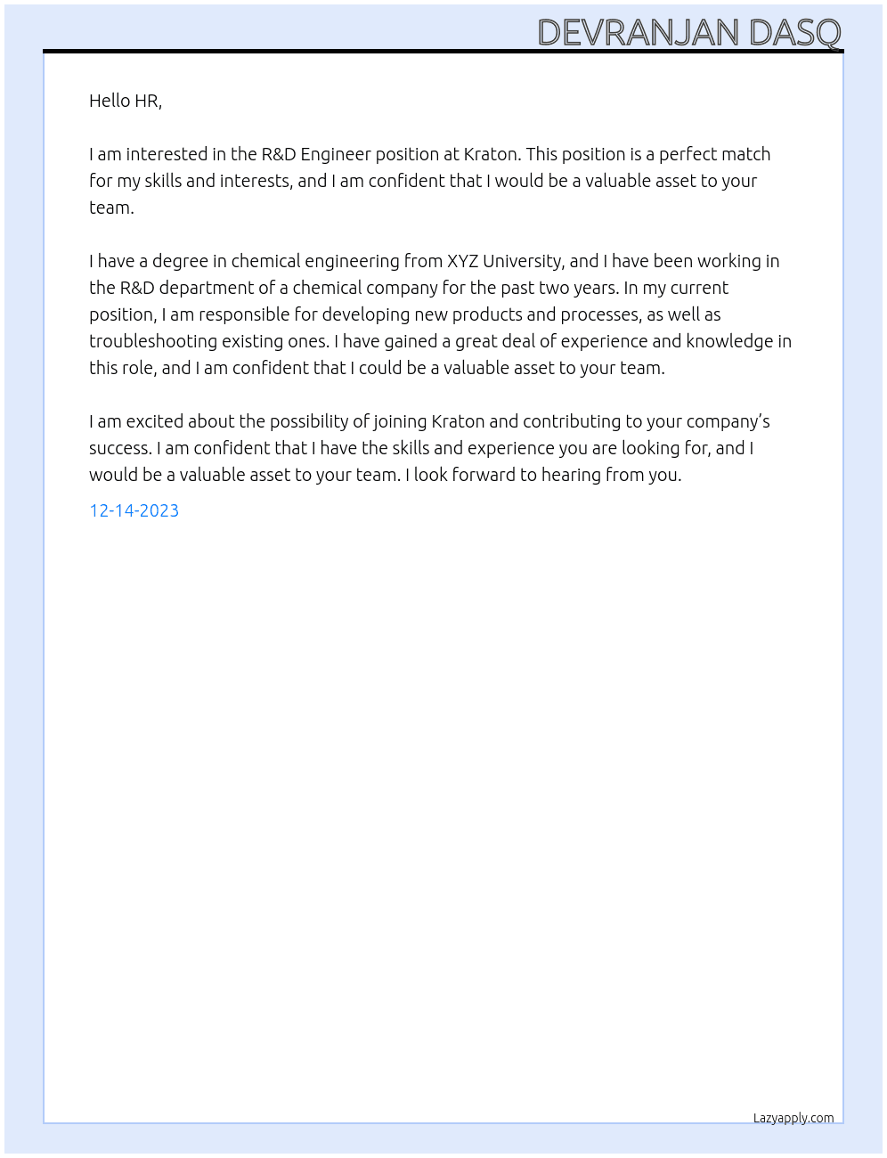 R&D Engineer At Kraton Cover Letter