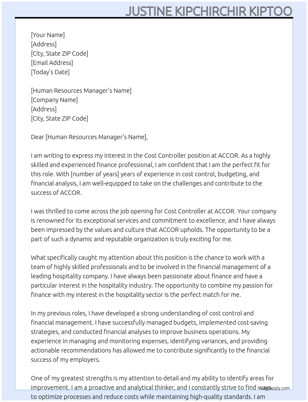 COST CONTROLLER At ACCOR Cover Letter