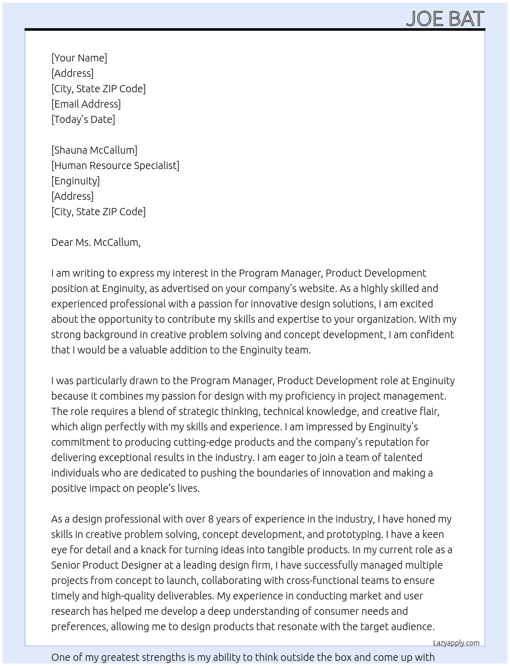 Program Manager, Product Development At Enginuity Cover Letter