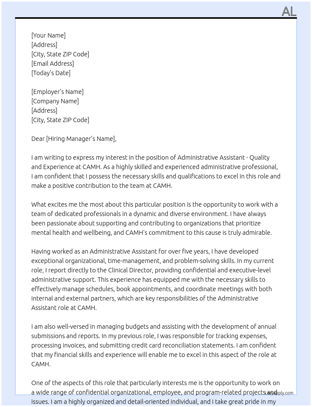 Administrative Assistant - Quality and Experience At CAMH Cover Letter