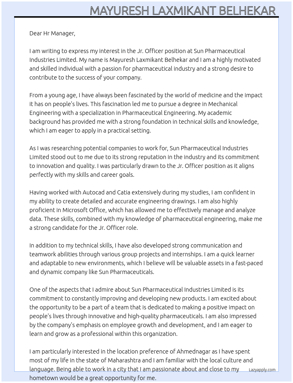 Cover letter for jr.officer - LazyApply