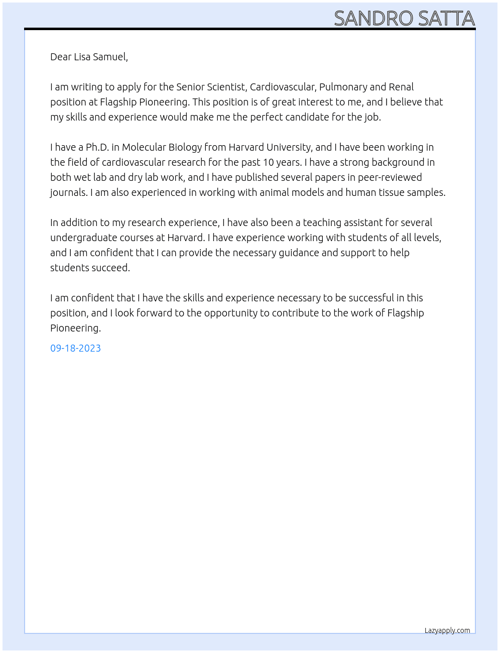 Senior Scientist, Cardiovascular, Pulmonary and Renal At Flagship Pioneering Cover Letter