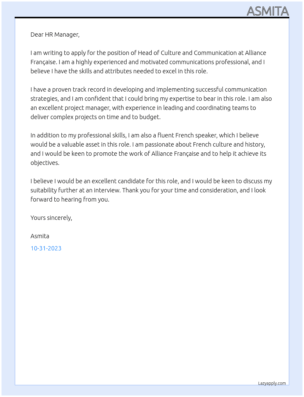 Head of Culture and Communication  At Alliance Française  Cover Letter
