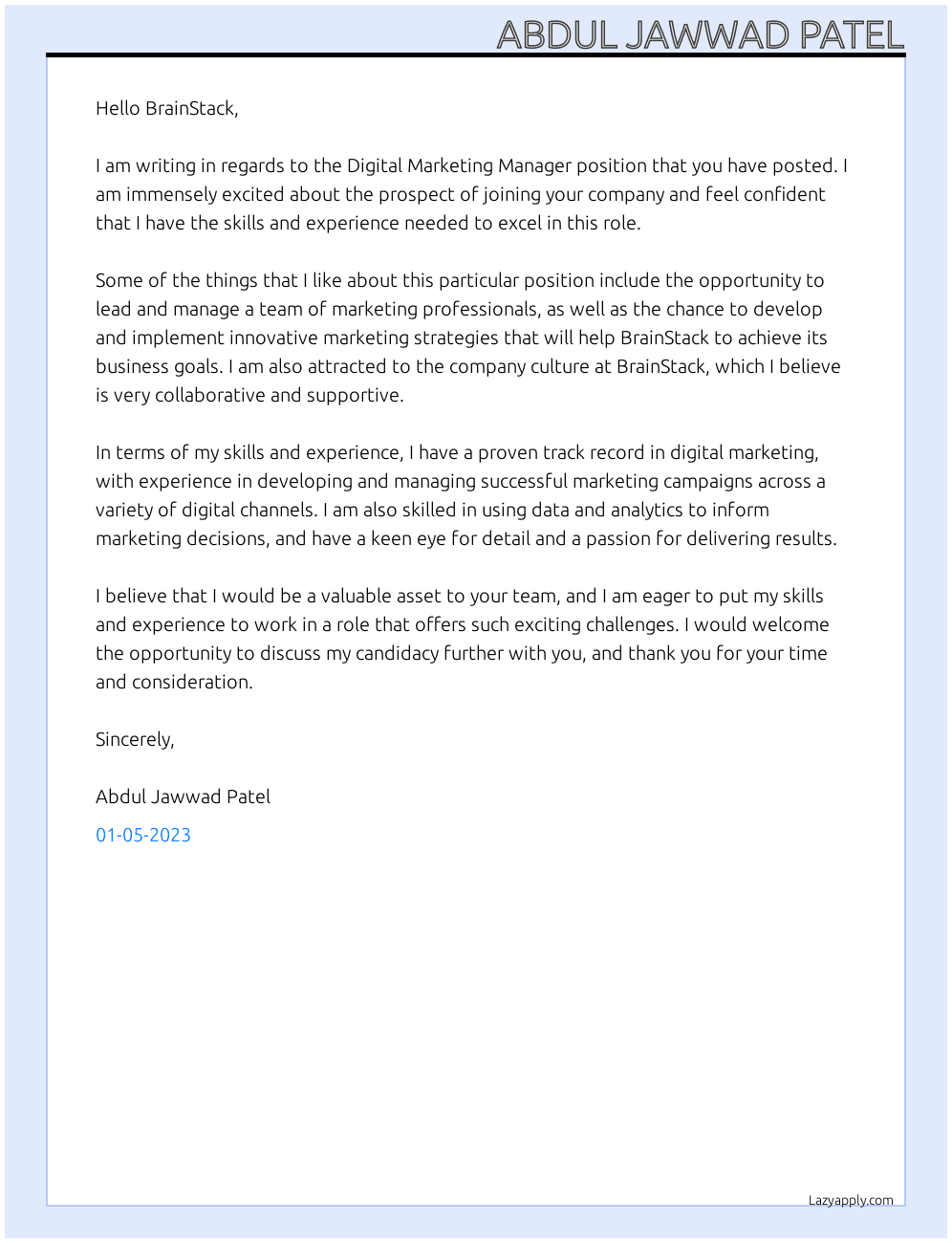 Digital Marketing Manager At BrainStack Cover Letter
