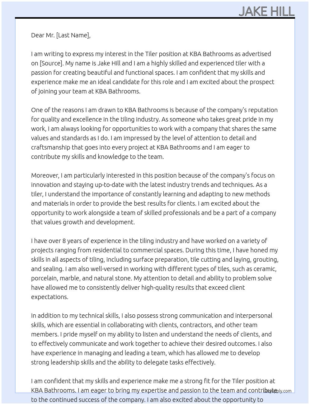 Tiler At kba bathrooms Cover Letter